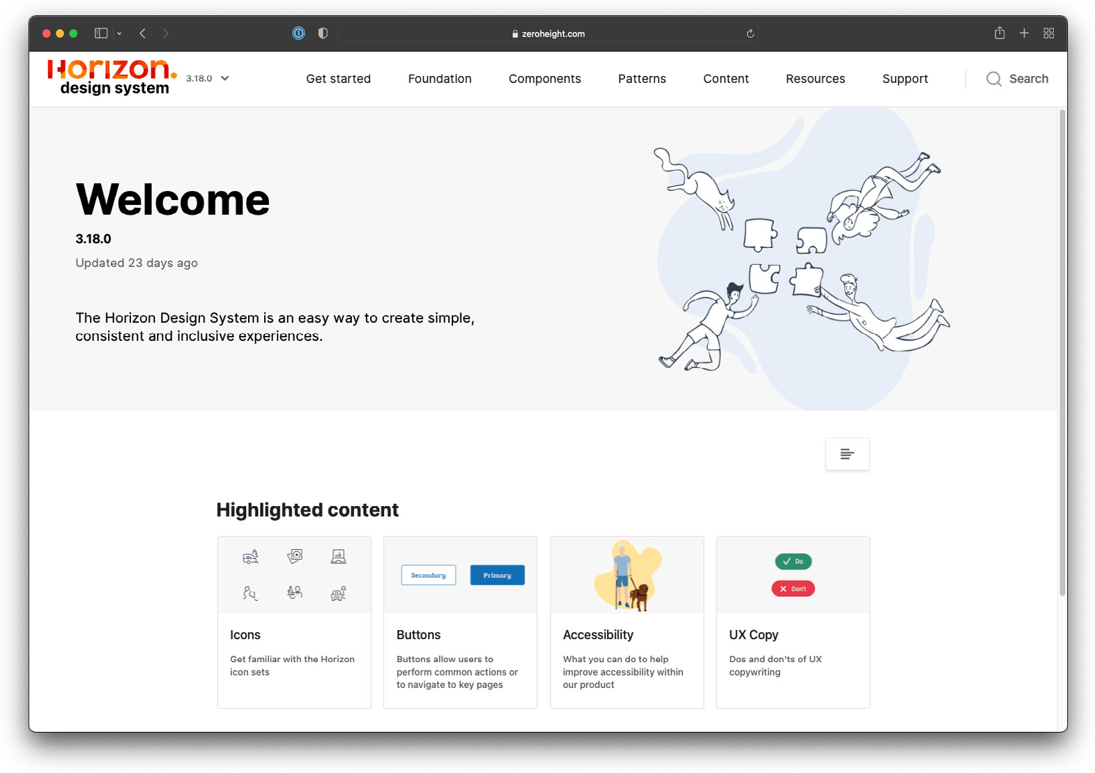 Screenshot of the Horizon Design System documentation homepage, reading Welcome and describing it as an easy way to create simple, consistent and inclusive experiences, with a Highlighted content section below.