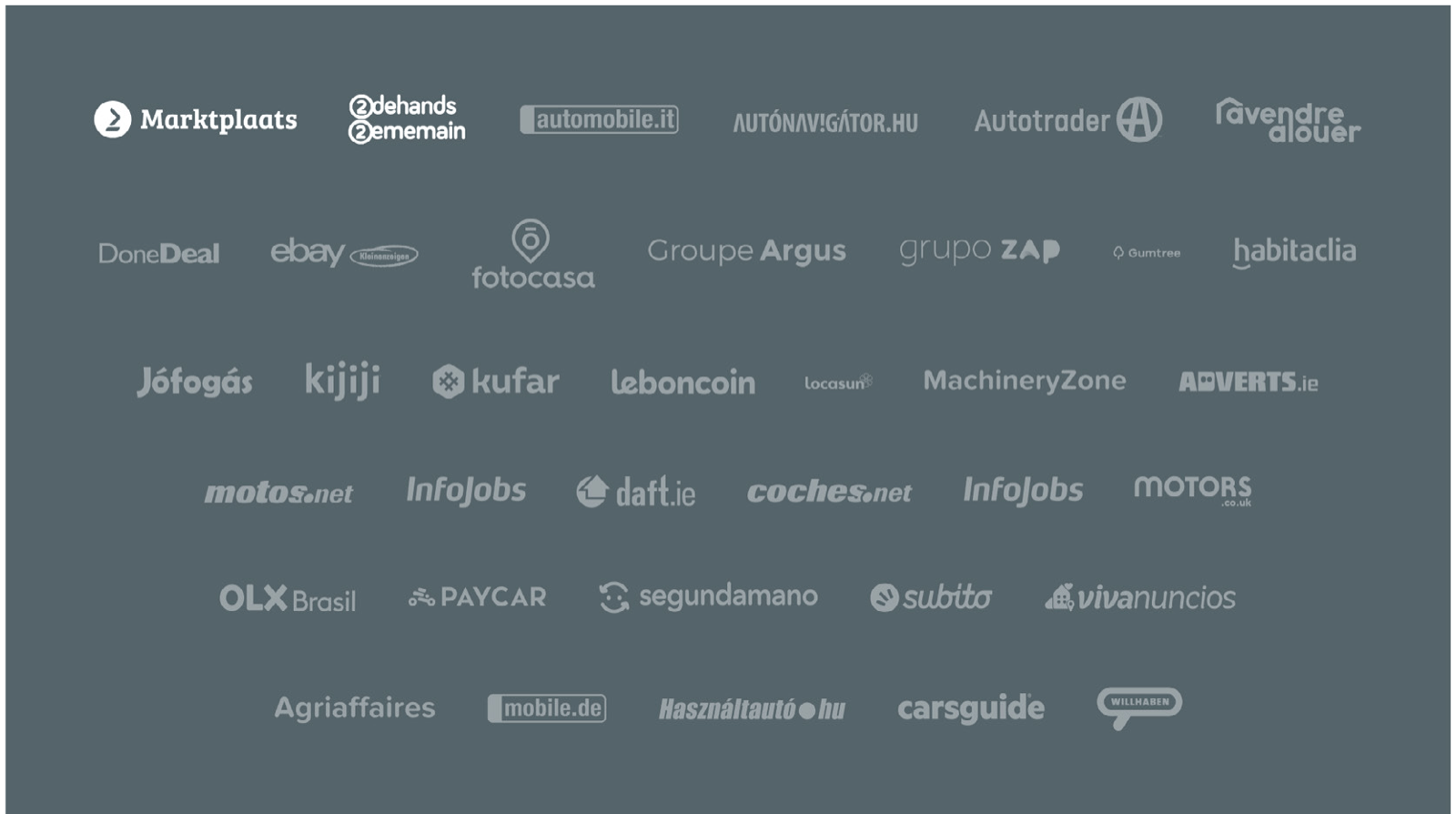 Grid of Adevinta's global portfolio of classifieds brand logos, including Marktplaats, 2dehands, DoneDeal, eBay Kleinanzeigen, fotocasa, Autotrader, mobile.de, Gumtree, kijiji, and many more.
