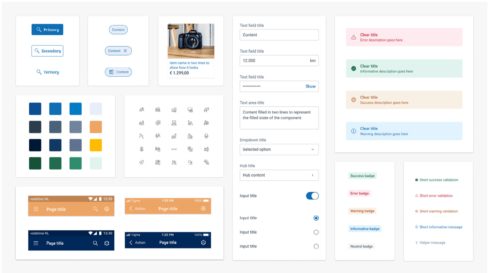 Grid of HDS interface patterns used by designers and developers, including buttons, text fields, colour swatches, page headers, and toggles.