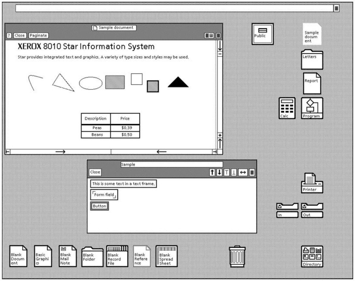 Screenshot of the Xerox 8010 Star Information System OS, showing a document window, a form with fields for description and price, and a desktop of file and folder icons.