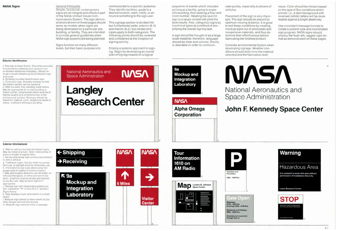 Photo of two open pages of the 1975 NASA Graphics Standards Manual, showing NASA signage and identity guidelines for buildings such as the Langley Research Center.