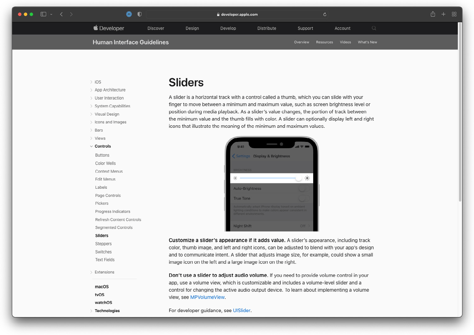 Screenshot of the current Apple Human Interface Guidelines website, showing a Sliders documentation page with a phone mockup and a sidebar table of contents.