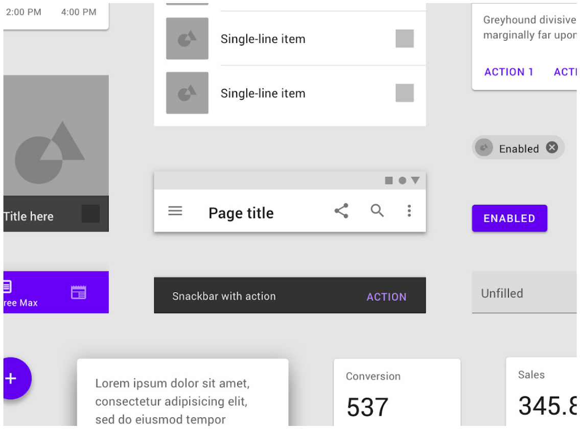 Mockup UI screens built with Google Material Design components, showing list items, toggle states, action buttons, and conversion and sales stat tiles.
