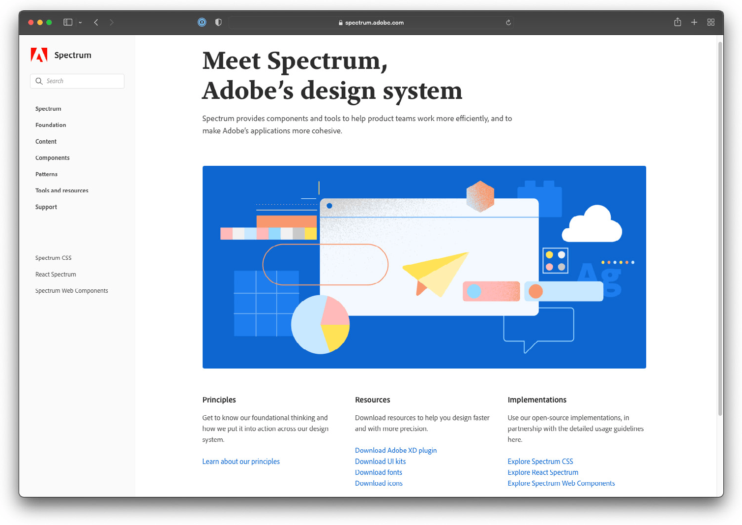 Homepage of Adobe's Spectrum design system, reading Meet Spectrum, Adobe's design system, with sections for Principles, Resources, and Implementations.