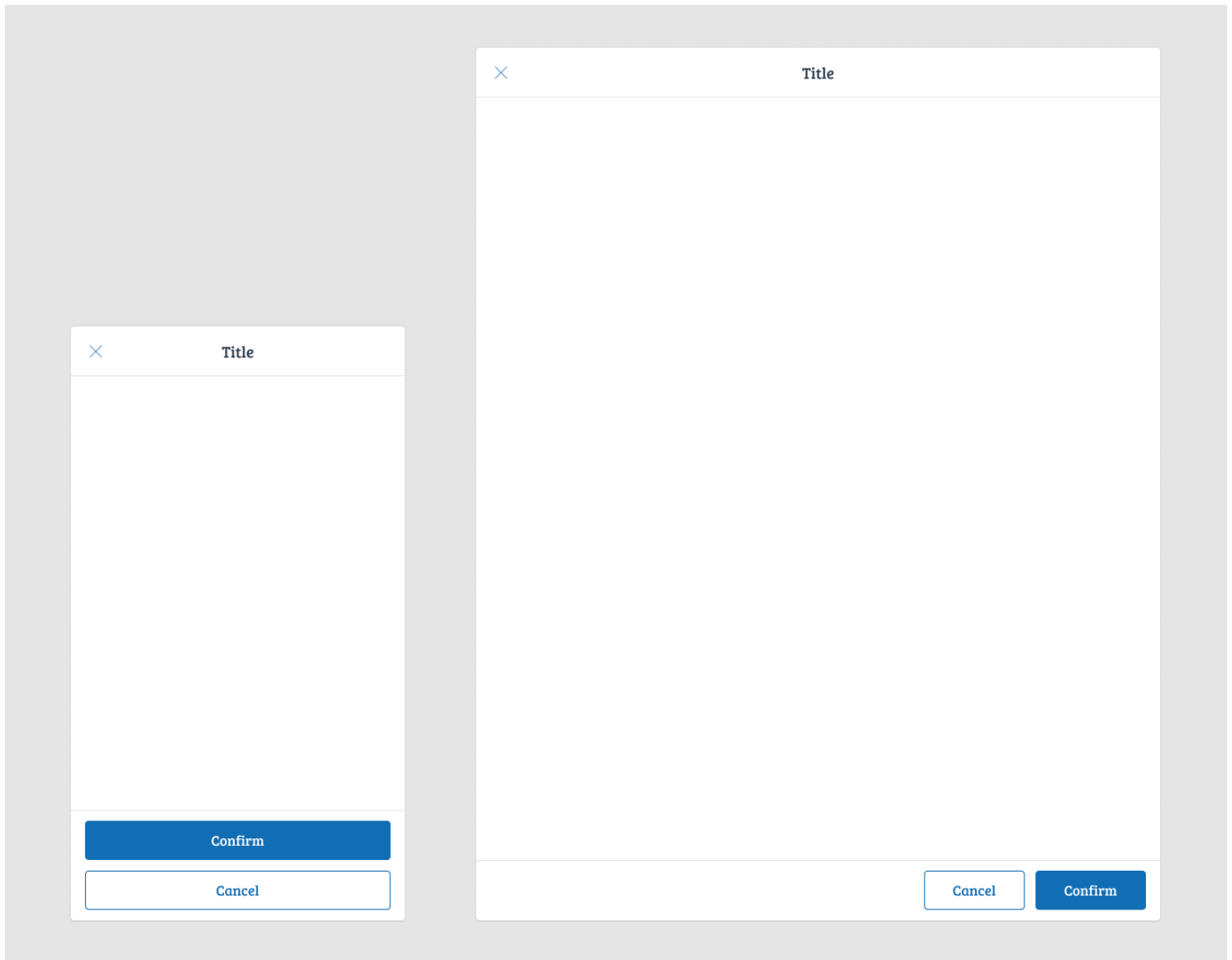 Two mobile dialog mockups showing the HDS button component with different layout rules for smartphones, a full-width stacked button, and tablets, a narrower right-aligned button pair.