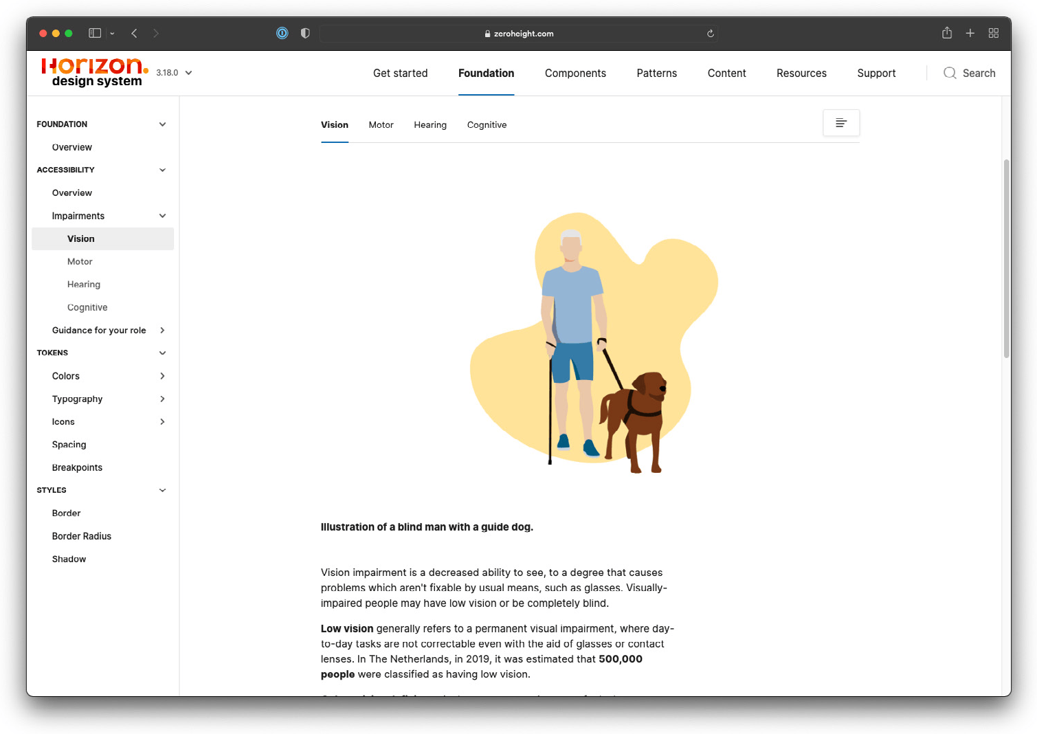 HDS documentation page on the Vision impairment category, with a left sidebar listing impairment types and body copy explaining low vision and colour blindness alongside an illustration of a blind man with a guide dog.