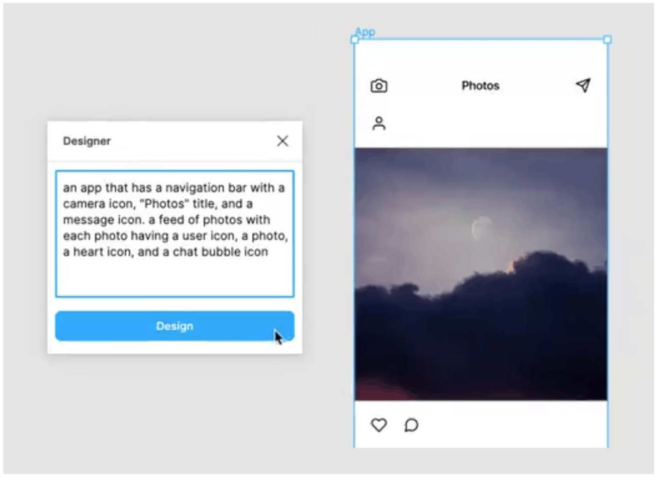 Screenshot of an AI design plugin: a prompt describing an app with a navigation bar, camera icon, Photos title, and photo feed, next to the phone mockup screen the plugin generated from it.
