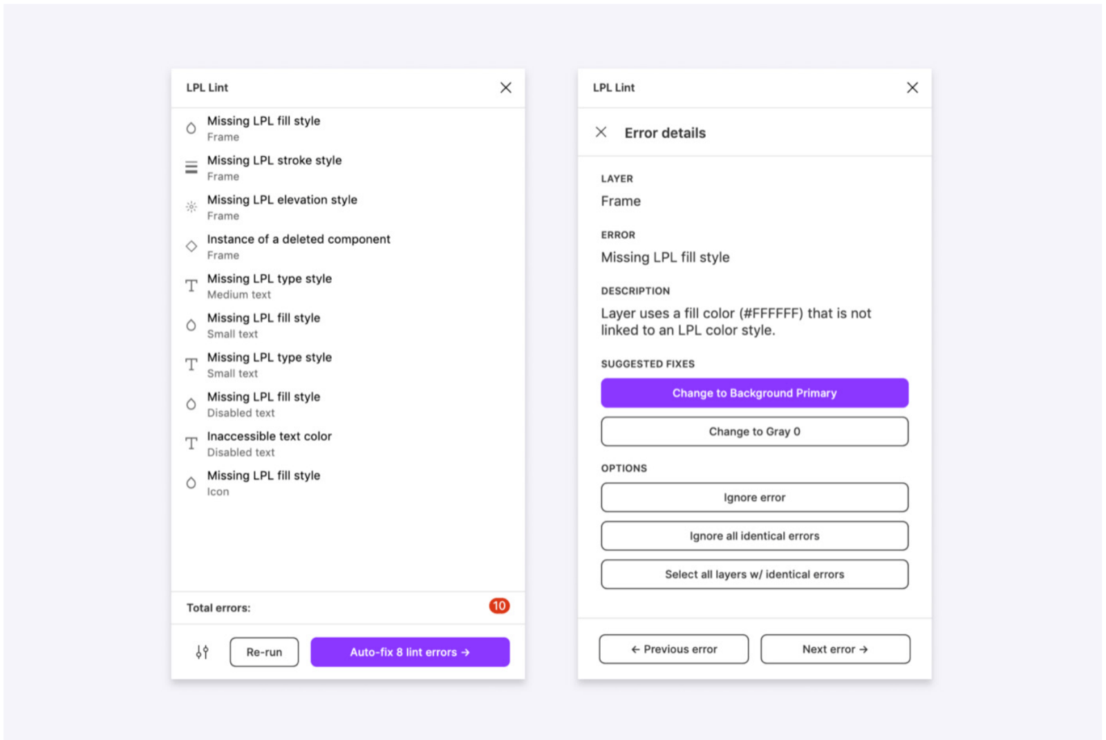 Lyft's customised version of Design Lint, listing errors such as Missing LPL fill style and showing an Error details panel with a suggested fix to change the fill colour to a Background Primary token.
