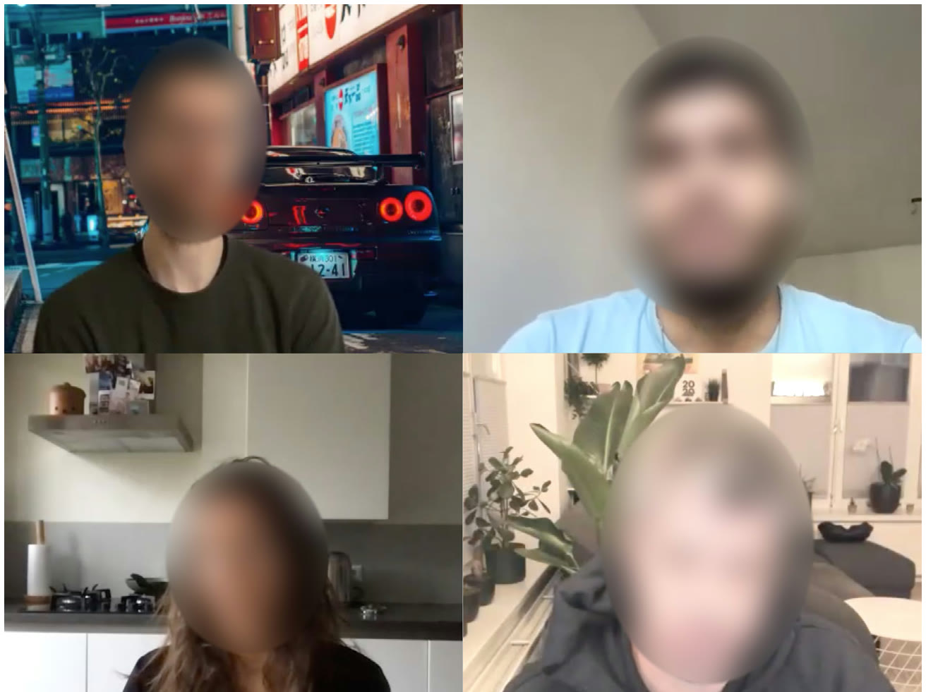 Grid of four video call screenshots from remote interviews with product designers, with all participant faces blurred for privacy.