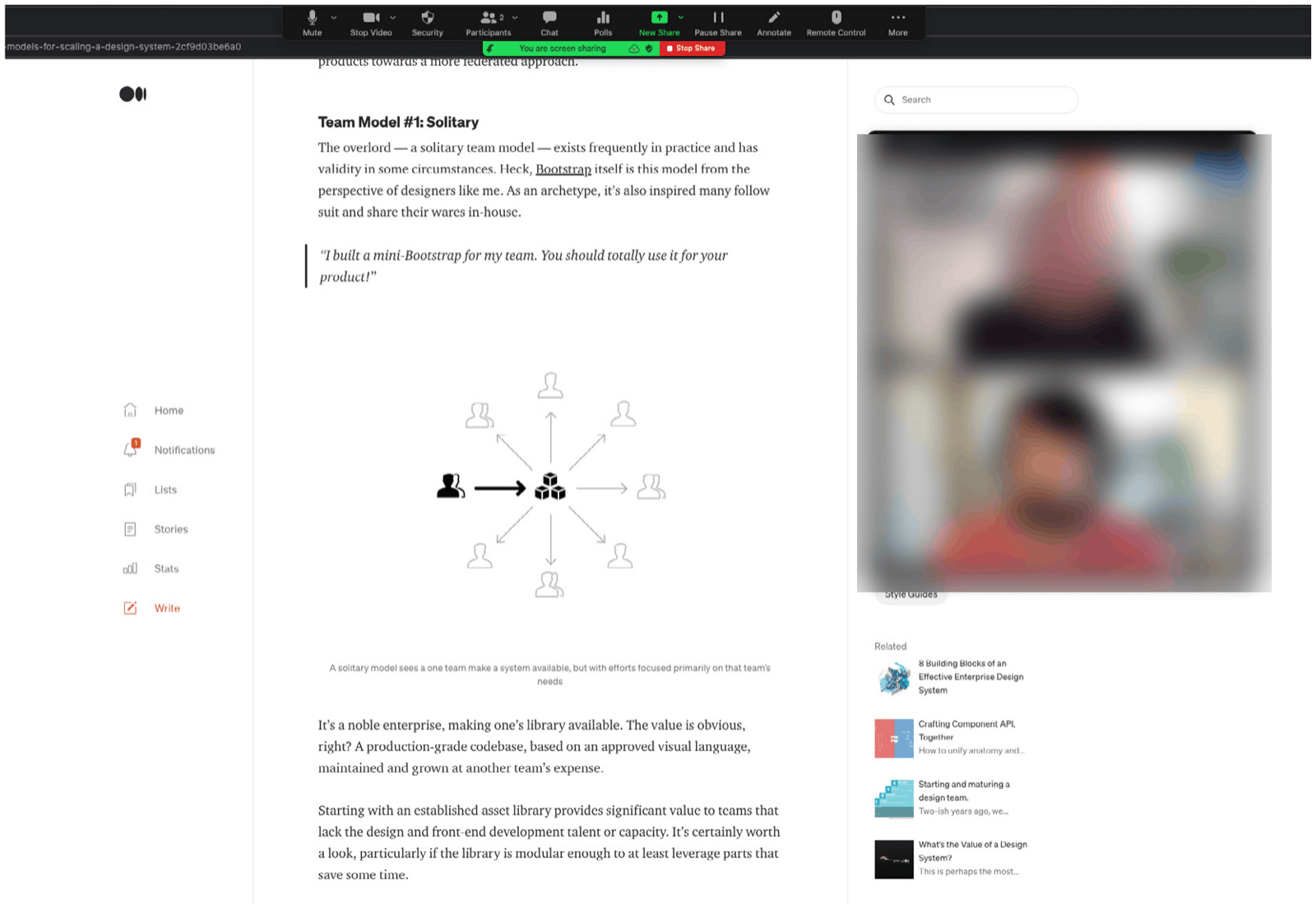 Screenshot of a video call discussion next to a Medium article about design system team models, with both call participants' faces blurred for privacy.