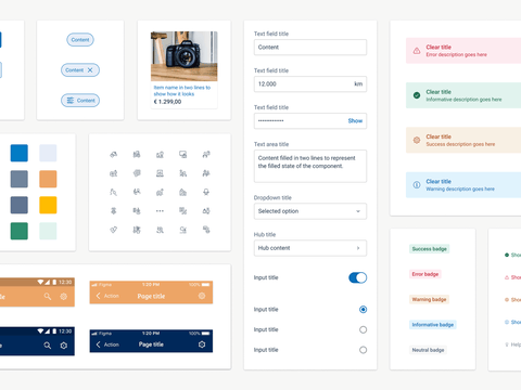 A grid of local design system UI patterns, including buttons, tags, colors, and icons