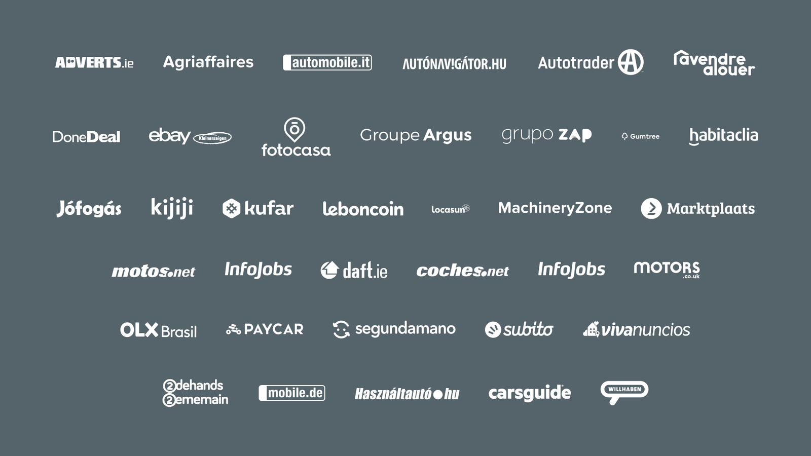 Logos of Adevinta's global portfolio of classifieds brands.