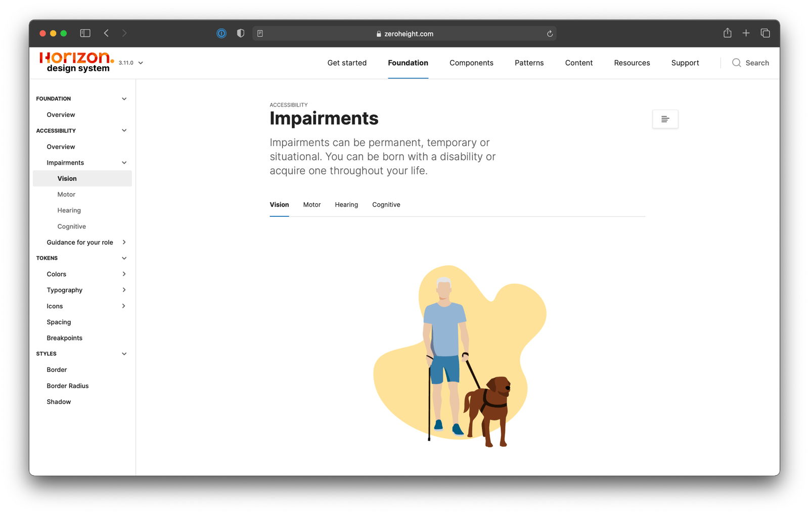 Documentation page from the local design system explaining vision, motor, hearing, and cognitive impairments.