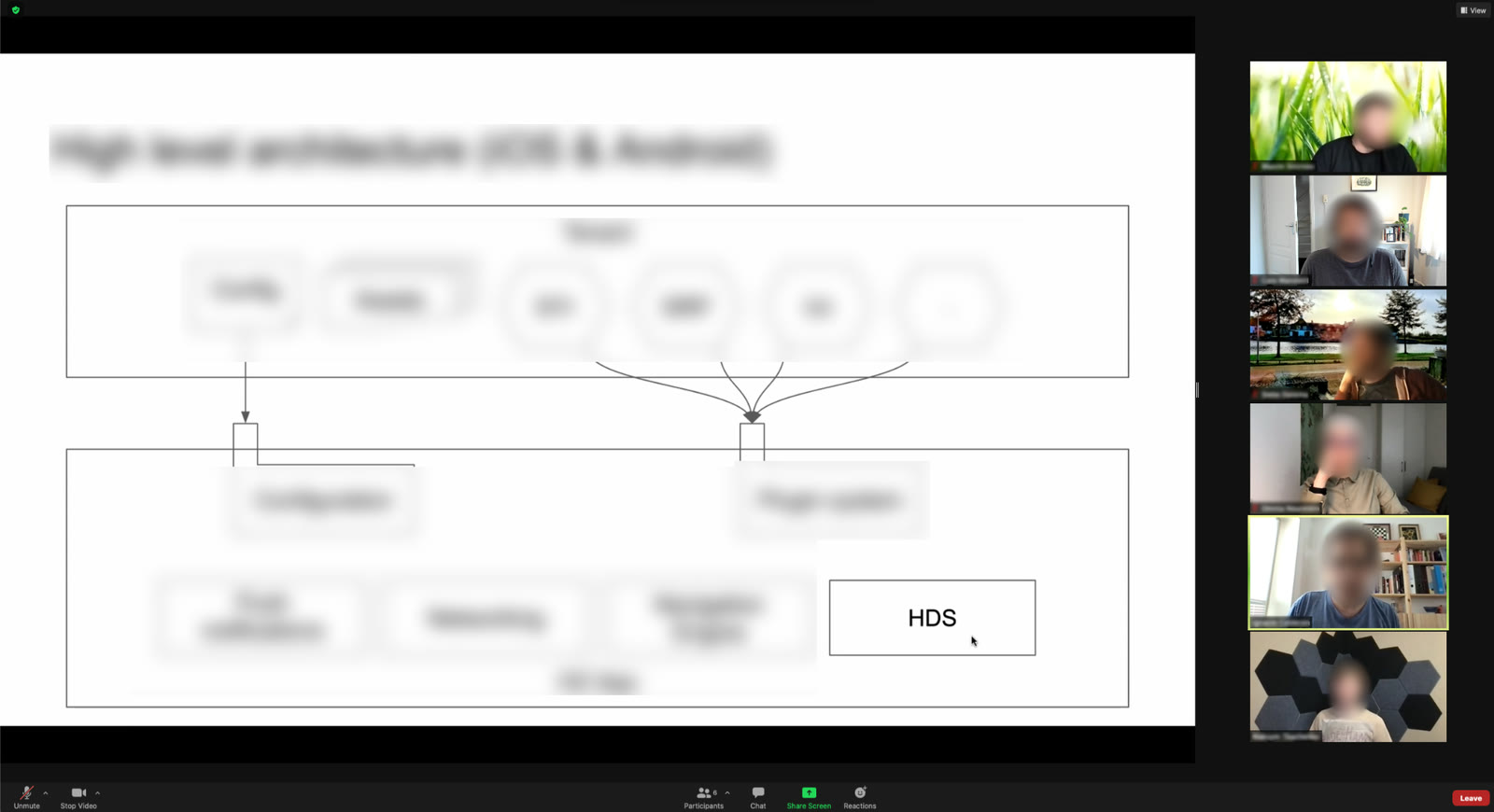Video call presentation showing a high-level architecture diagram for the design system's integration into the technology framework.