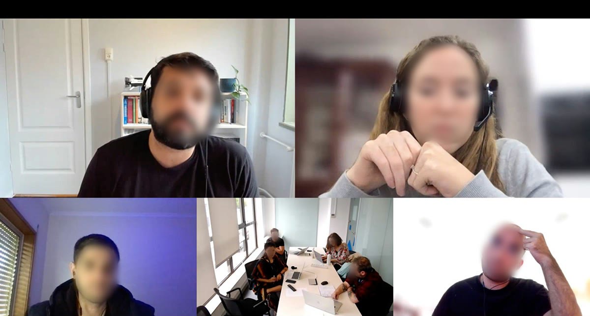 Video call with several participants debating design system best practices.
