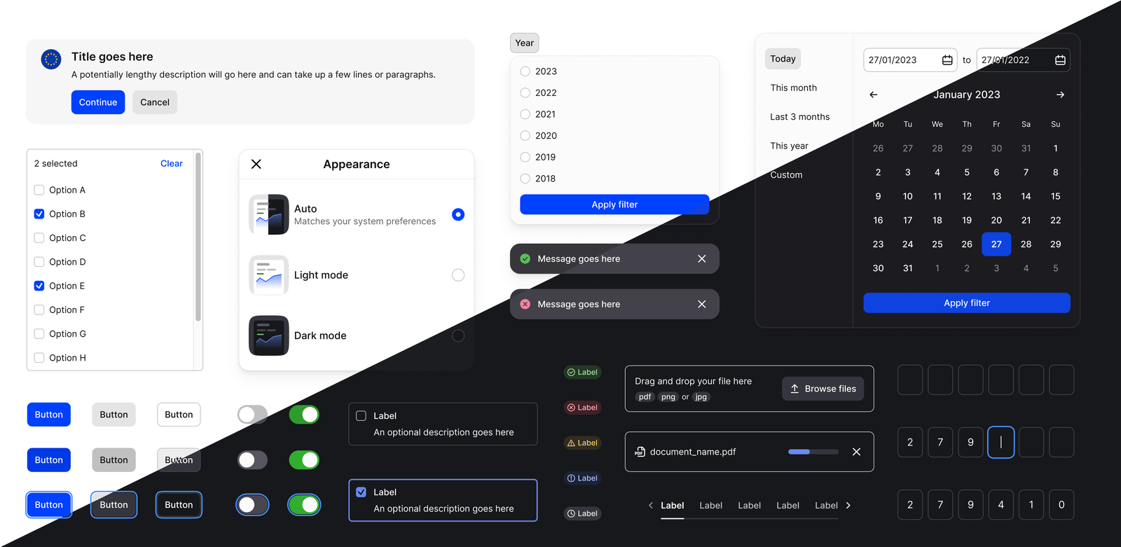 Mollie UI components shown in light and dark modes.