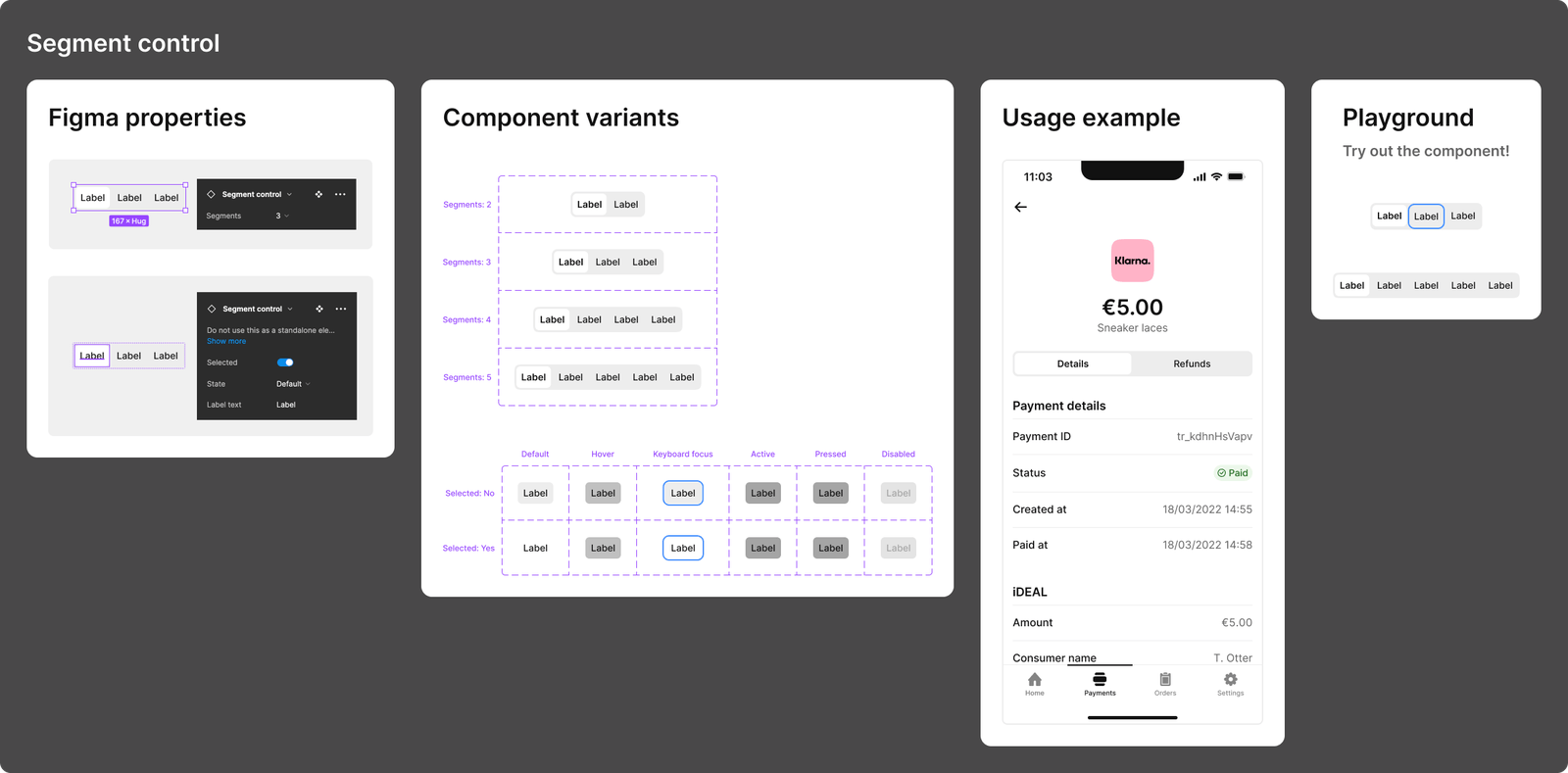 Async review page for the Segment control component in Figma.
