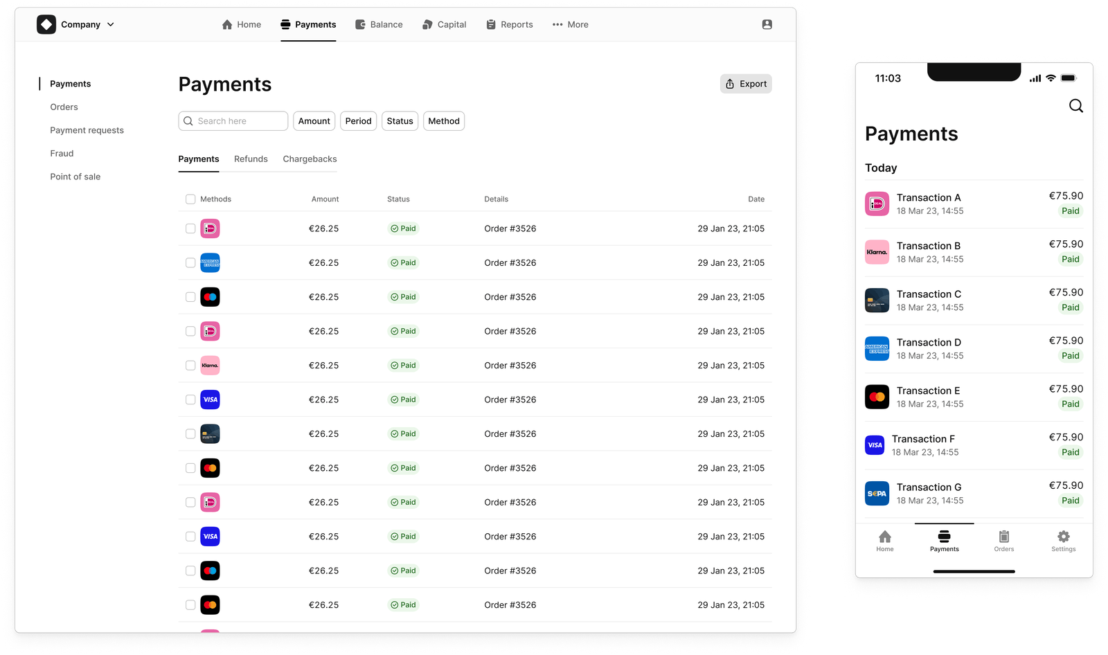 Example table pages built with the design system.