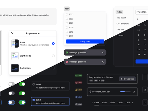 Light and dark mode UI components including toasts, form fields, and status badges