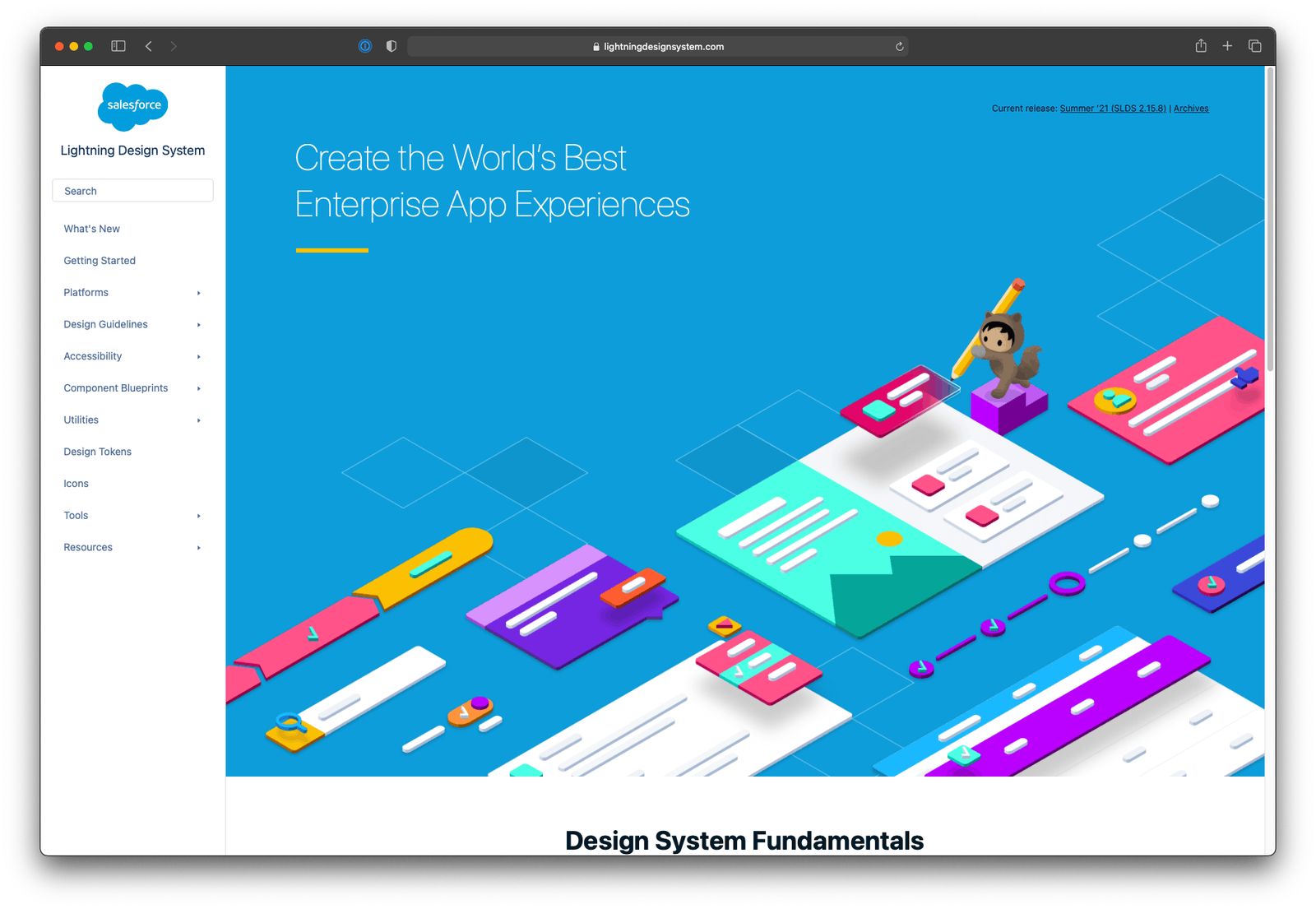 Salesforce Lightning Design System homepage, reading Create the World's Best Enterprise App Experiences, with an isometric illustration of app components.