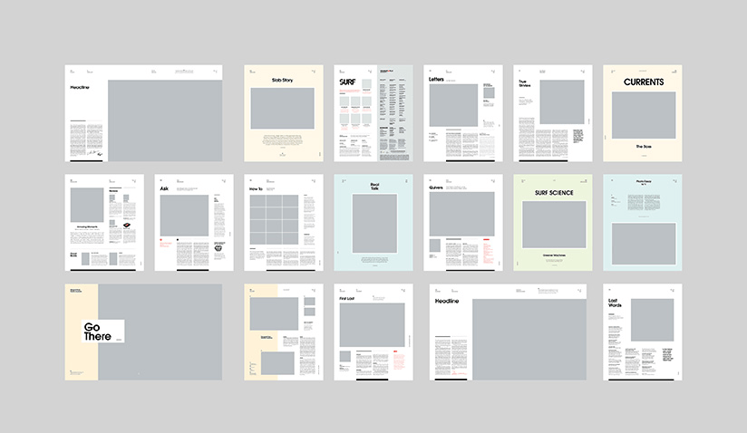 Grid of eighteen magazine spread layouts from an editorial redesign, each showing a consistent grid of headline, image placeholder, and body copy positions.