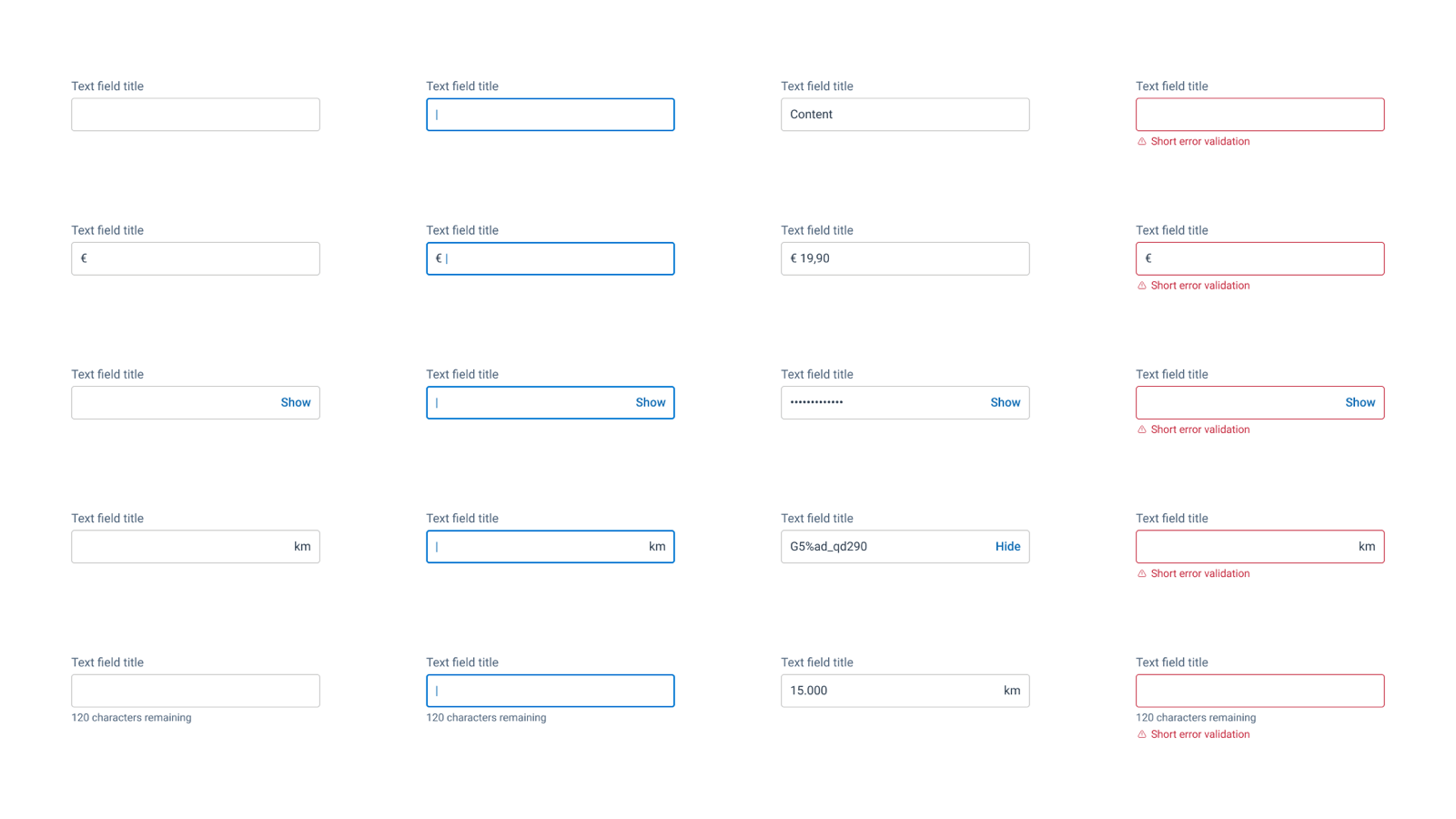 Grid of Text Field input states, including empty, focused, filled, and error states, with annotations for title, content, and validation copy.