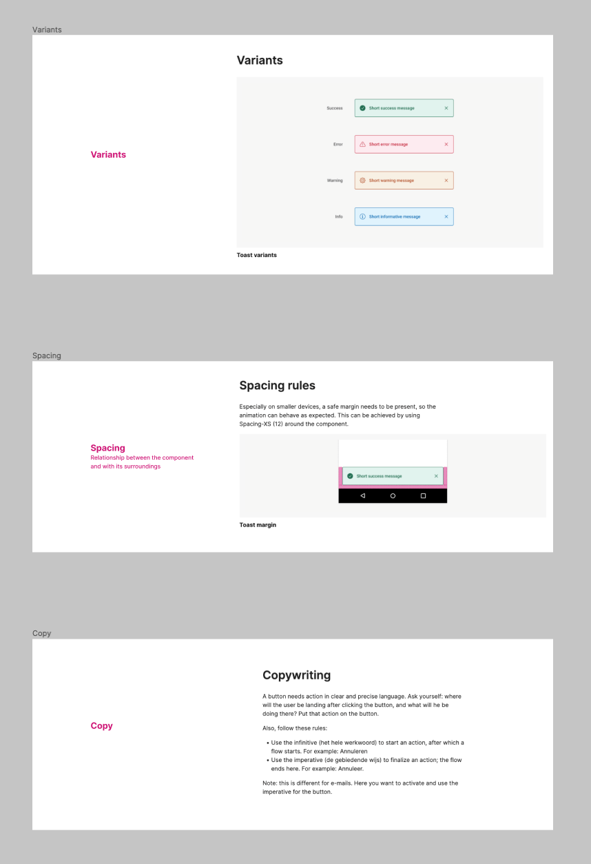Annotated wireframe of a component guideline page structure, with sections for Variants, Spacing, and Copy stacked vertically.