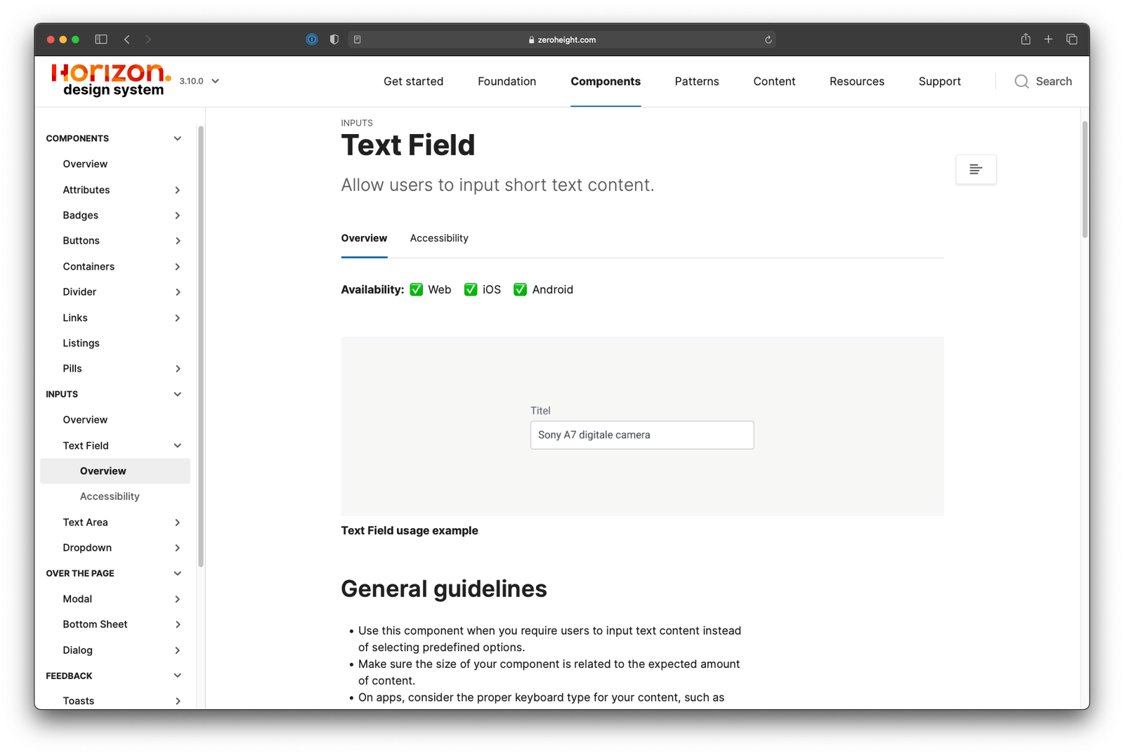 Homepage of the eBay Classifieds Design System documentation website, showing its version number and top navigation for Getting started, Foundation, Components, Patterns, Content, Resources, and Support.
