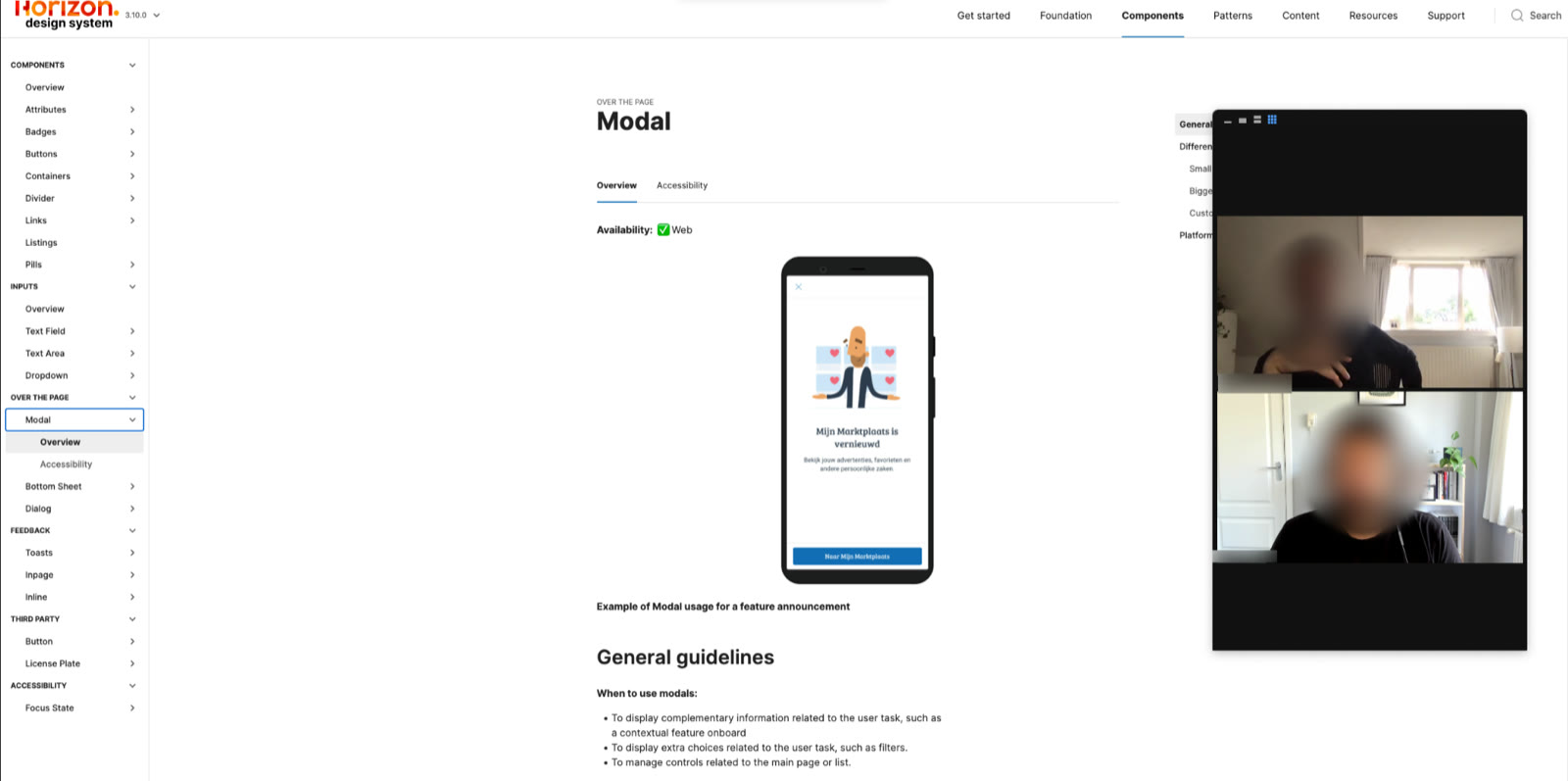Design System documentation page for a Modal component, with a video call panel of two participants alongside it.
