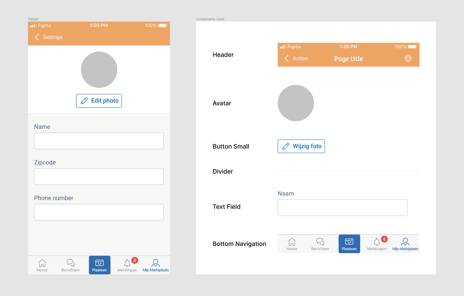 Two mobile mockups of a Marktplaats profile settings page, built from Design System components, showing an avatar, name, and bottom navigation.