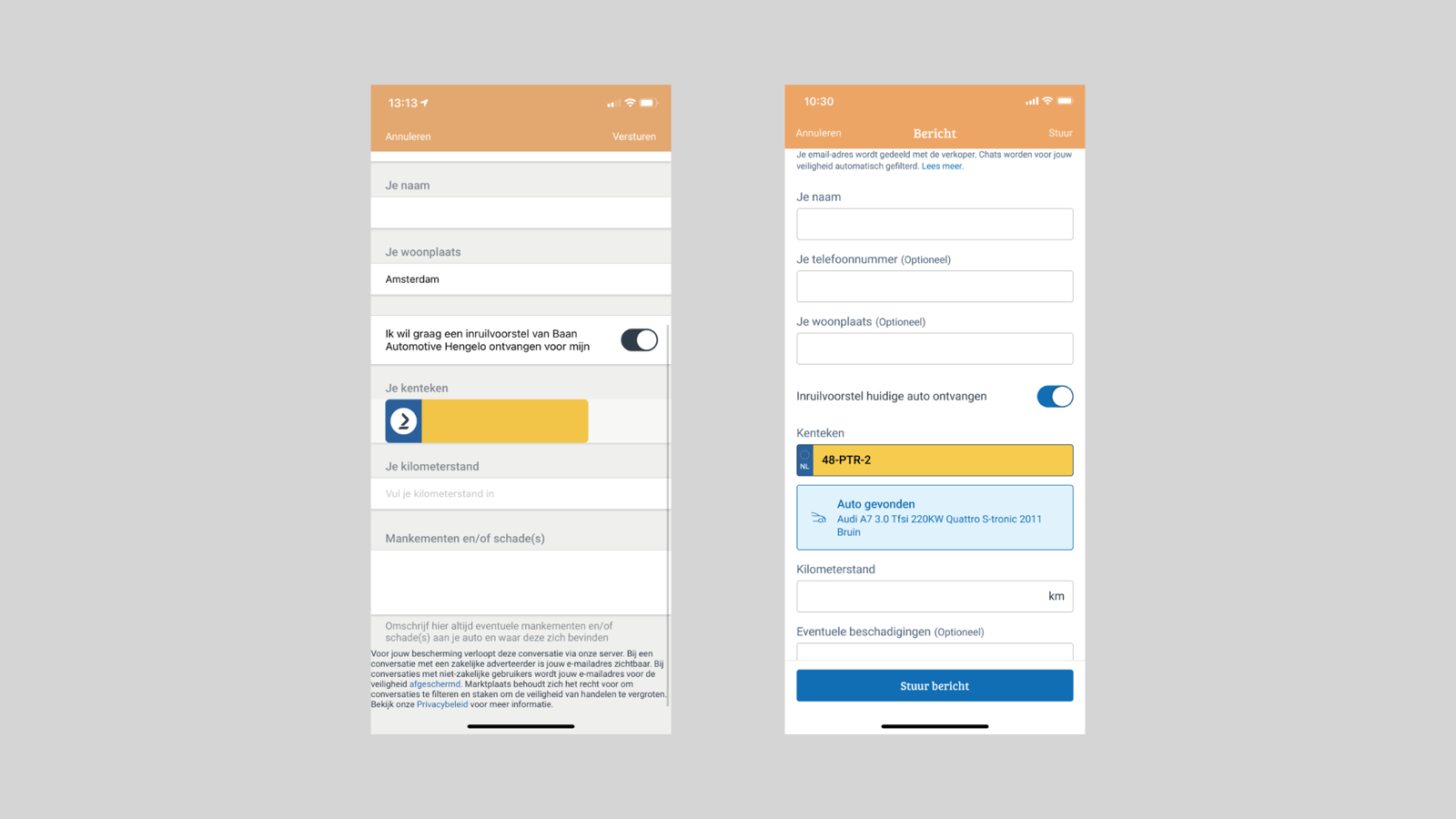 Two mobile screens of a car trade-in form, before and after being rebuilt with Design System components.