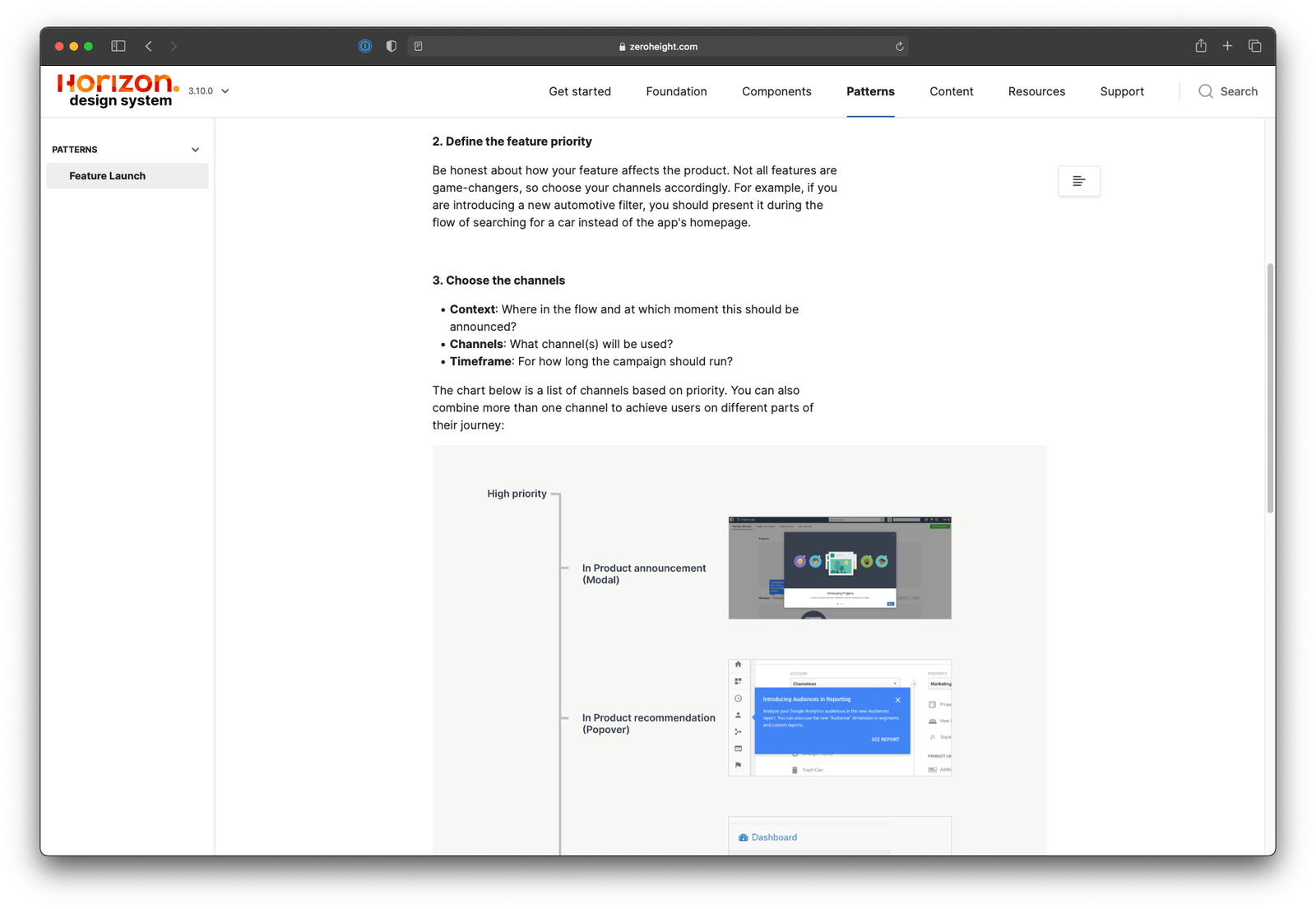 Draft Design System documentation page for a Feature Launch pattern, listing steps for defining feature priority and choosing communication channels.