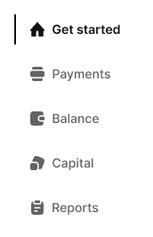 Vertical navigation menu with Get started, Payments, Balance, Capital, and Reports items.