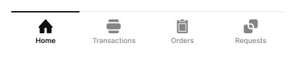 Bottom tab bar with Home, Transactions, Orders, and Requests items.