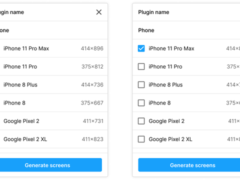 A Figma plugin panel listing device sizes to generate screens for