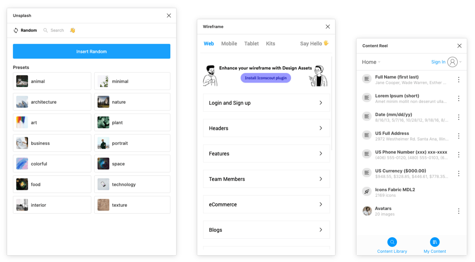 Three Figma plugin panels evaluated in the benchmark: Unsplash, Wireframe, and Content Reel.