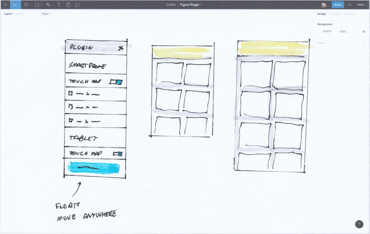 Photograph of a marker sketch showing a plugin navigation grouped by device type, with a note reading float, move anywhere.