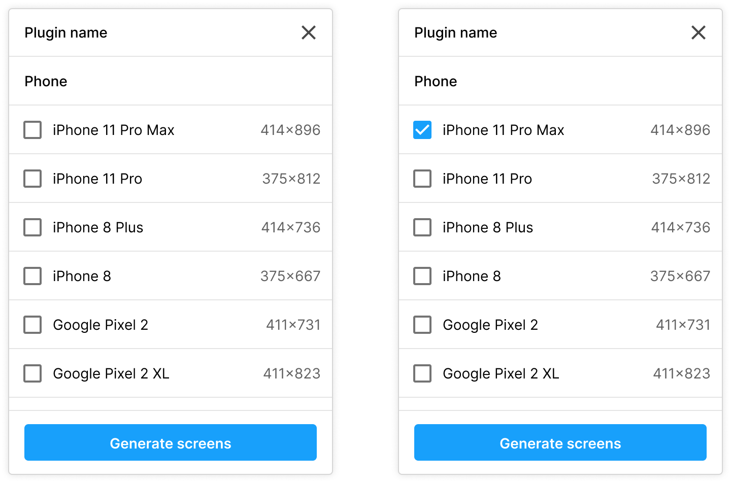 Prototype A screen showing a single flat list of device options with checkboxes, before and after a device is selected.
