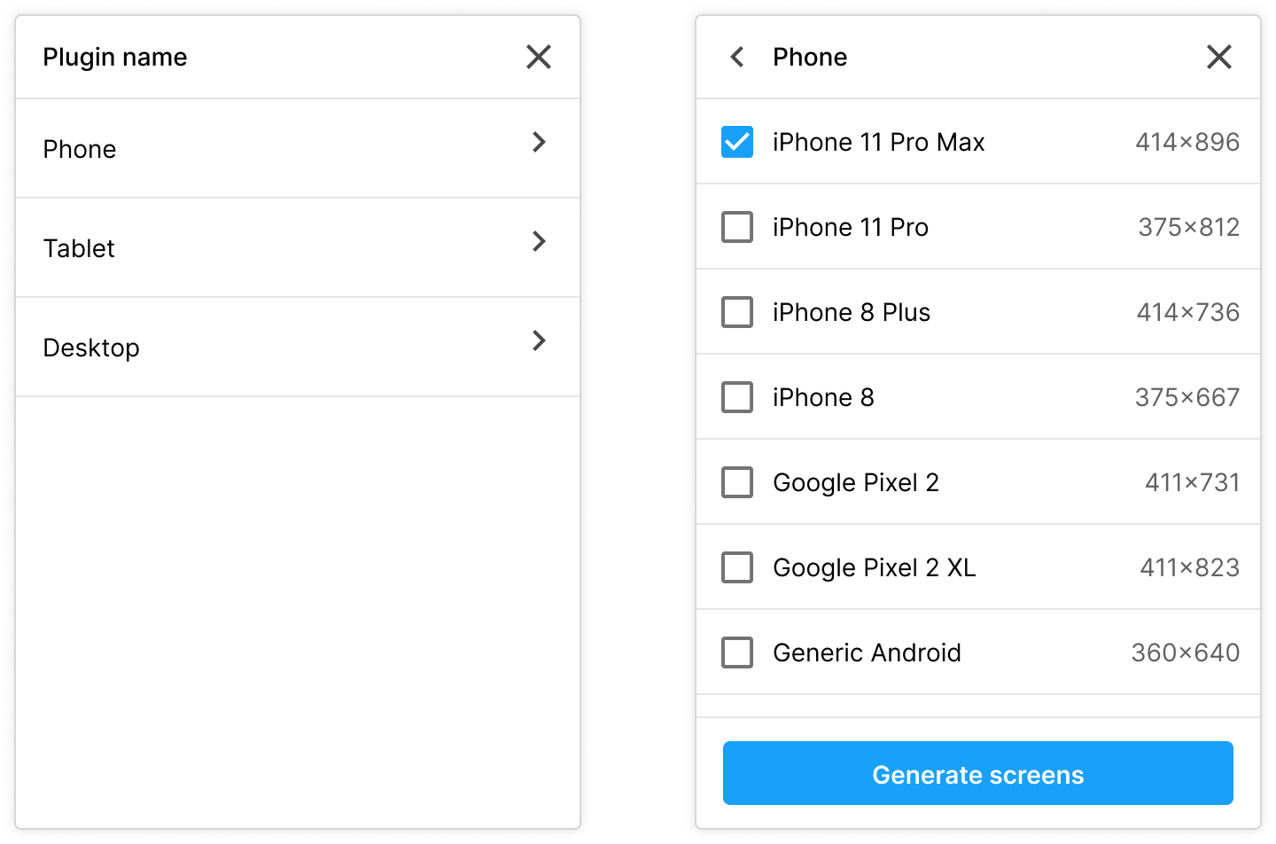 Prototype B screen showing device options grouped into Phone, Tablet, and Desktop categories.
