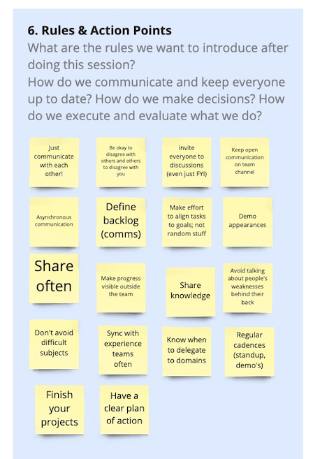 Section of the MI Team Canvas titled Rules and Action Points, with sticky notes such as Share often, Define backlog, and Avoid talking about people's weaknesses behind their back.