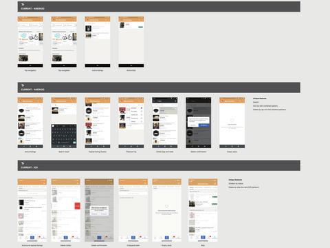 A grid of Android and iOS app screens from a UX debt review