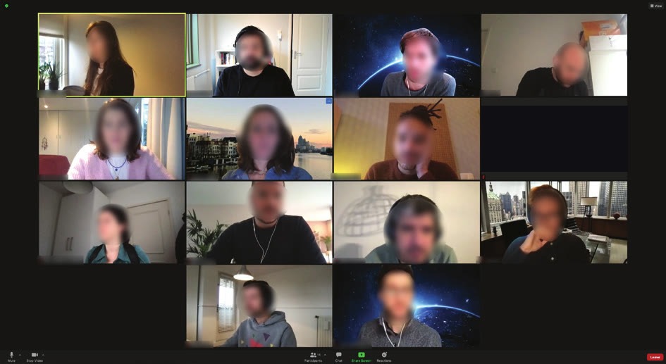 Video call grid of workshop participants with faces blurred, during the discovery phase moderated panel.