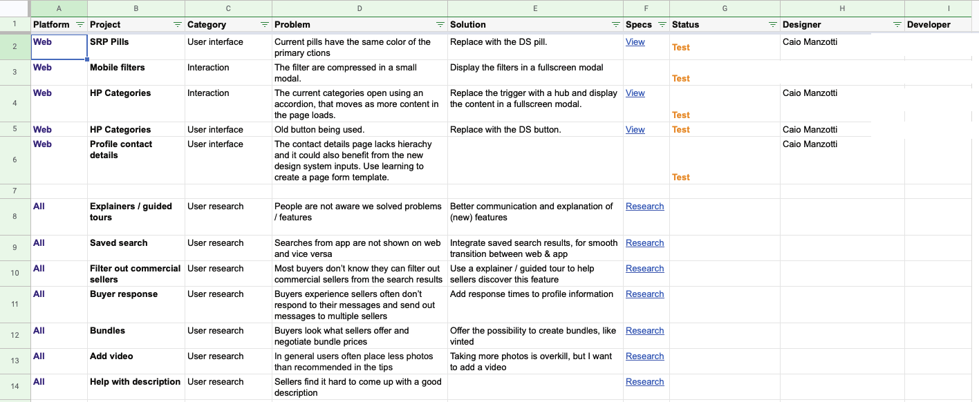 Spreadsheet listing UX Debt issues by platform, project, category, problem, solution, and status, with designer and developer columns.