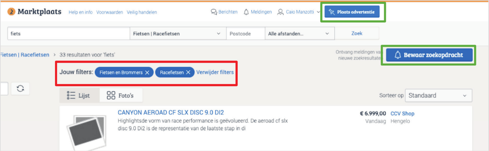 Marktplaats search results page with the applied filter pills highlighted, shown in the same blue colour as the primary call-to-action button.