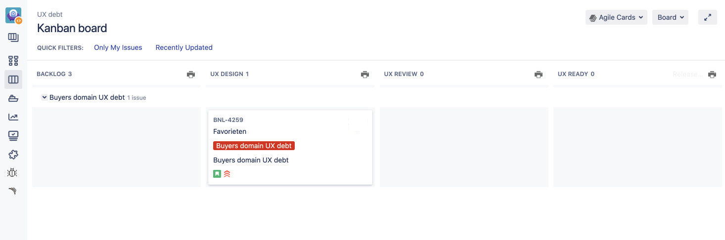 Jira Kanban board named UX Debt, with Backlog, UX Design, UX Review, and UX Ready columns, showing one task card in the UX Design column.